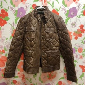 Modern mint Eddie Bauer brown lamb skin quilted down leather moto jacket S